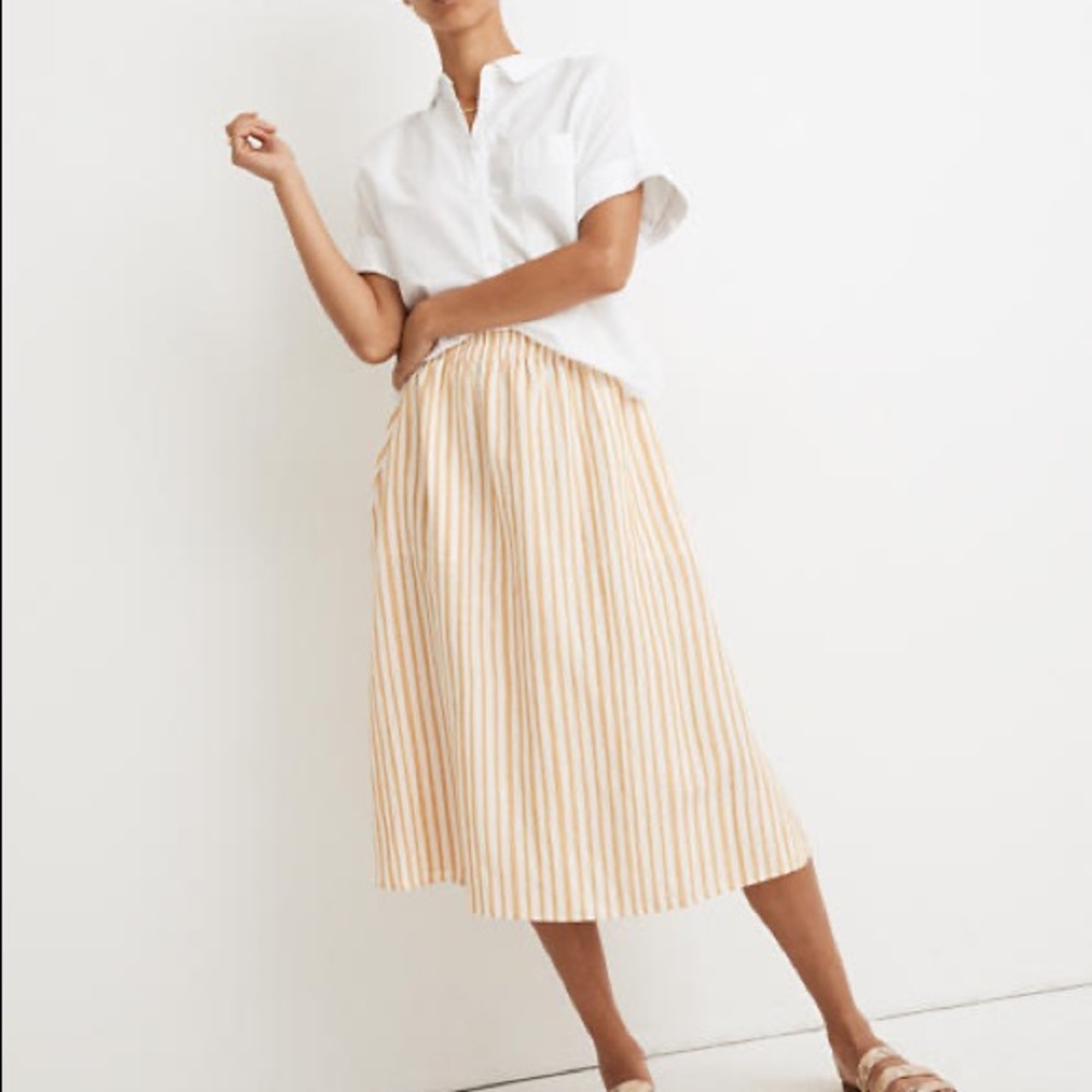 Madewell Smocked-Waist Midi Skirt in Stripe | Linen & Cotton | XL